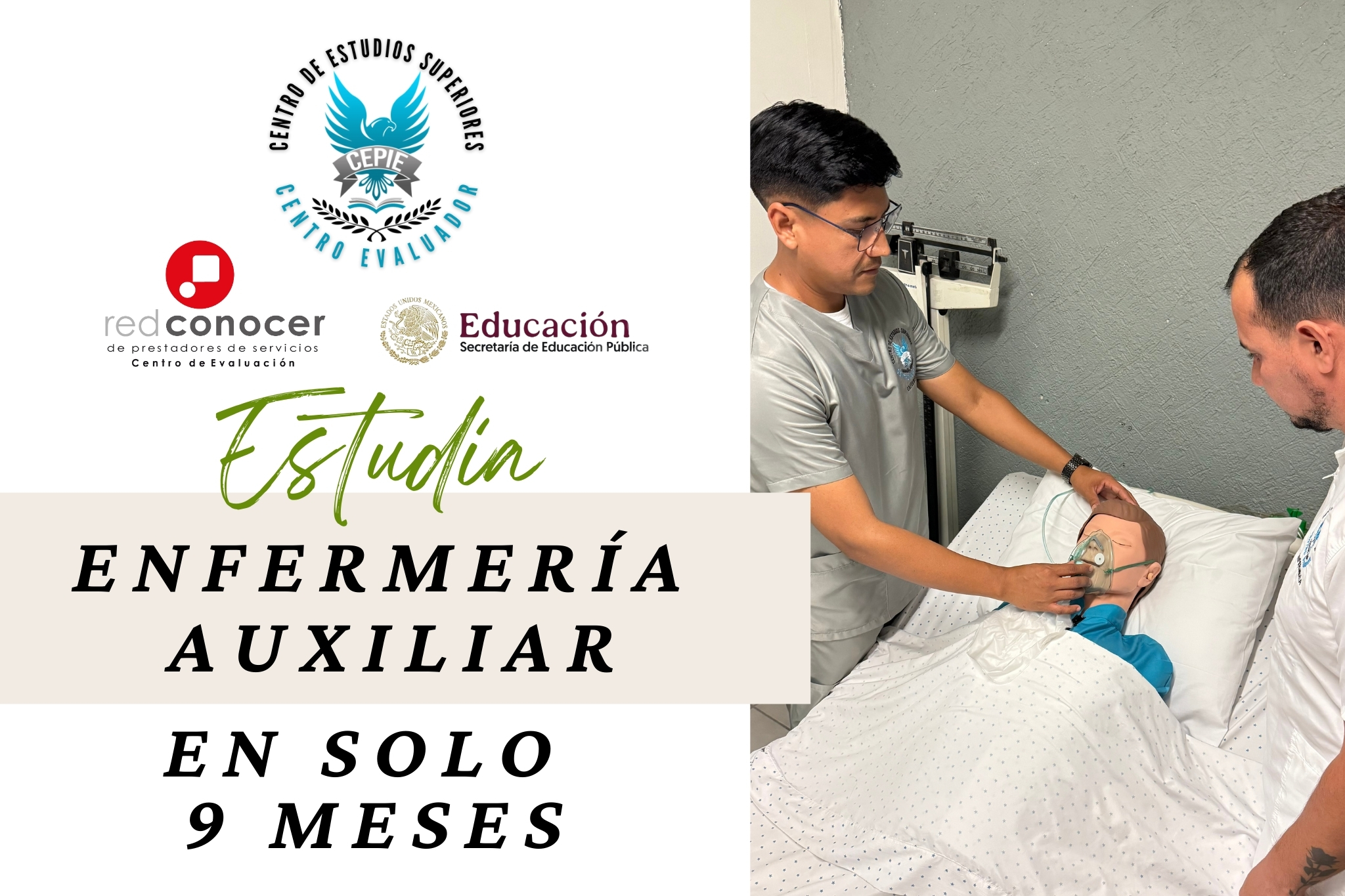 Carrera de Enfermería Auxiliar en CEPIE, formación práctica en atención básica de salud con duración de 9 meses.