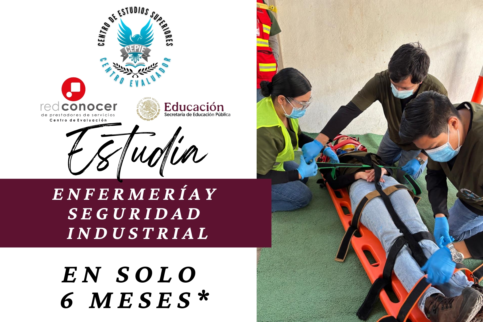 Carrera en Enfermería y Seguridad Industrial en CEPIE, formación práctica en atención de emergencias con duración de 6 meses.