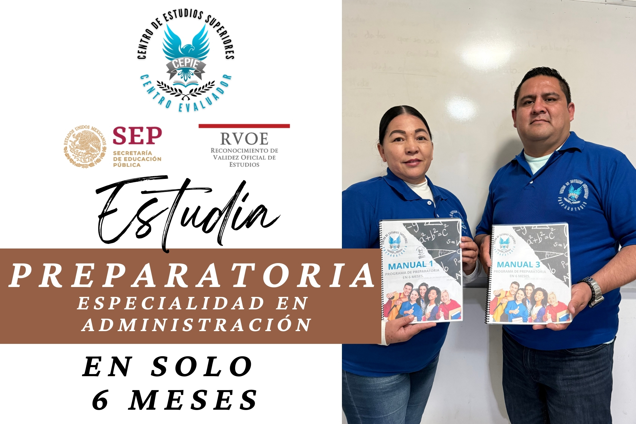 Preparatoria en Administración en CEPIE avalada por SEP, modalidad 6 meses, docentes con manuales oficiales.
